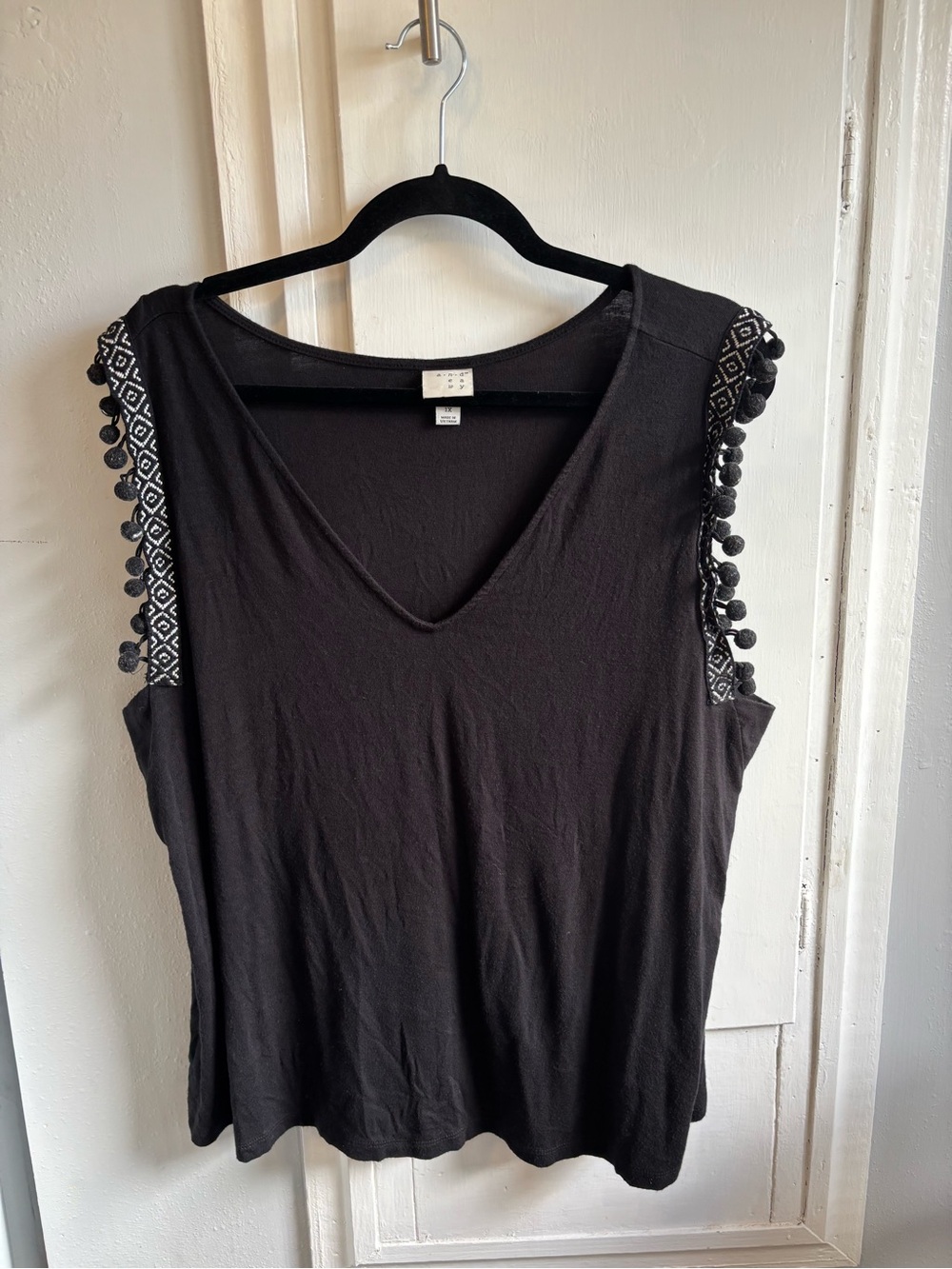a new day Black V-Neck Tank with Pom Tassel Shoulder Trim
